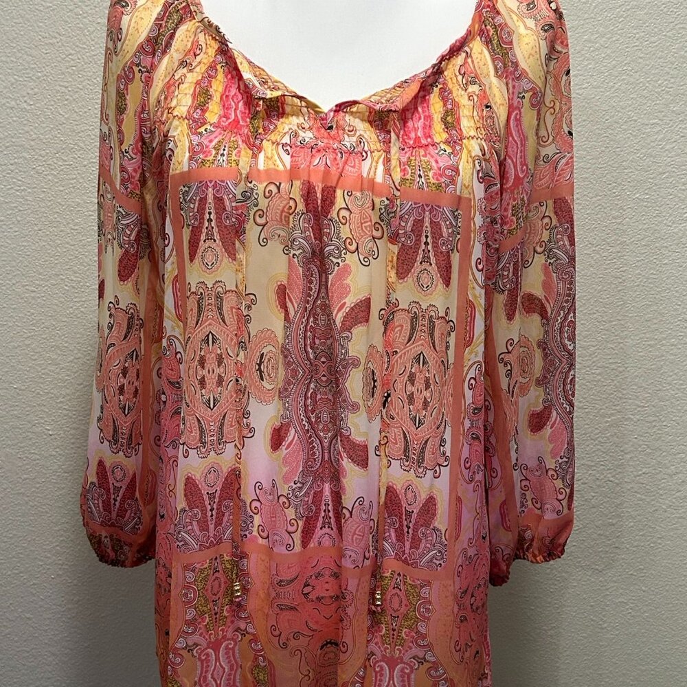 Charter Club pink yellow multi sheer blouse, 3/4 sleeve, large